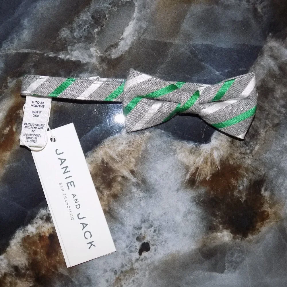 Janie and Jack Gray/ Green/ White Striped Bow Tie Size 0/24 Month's Boy's NEW